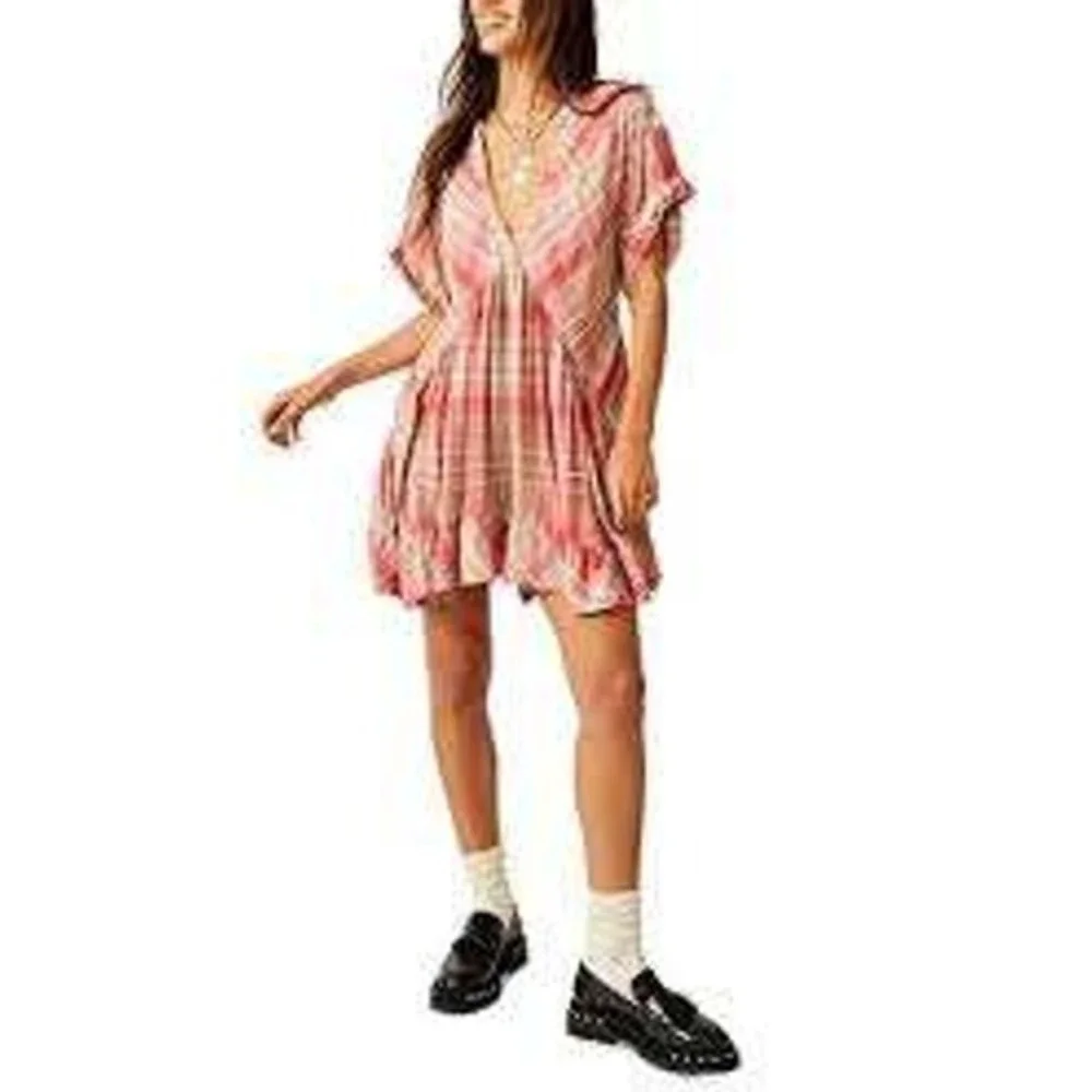 Free People Pink Tan Plaid Babydoll Oversized Mini Dress SMALL Boho Cottage